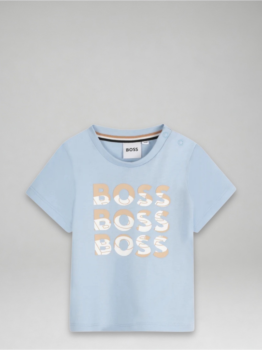 BOSS Light Blue Tee with Cream & Tan Logo Print